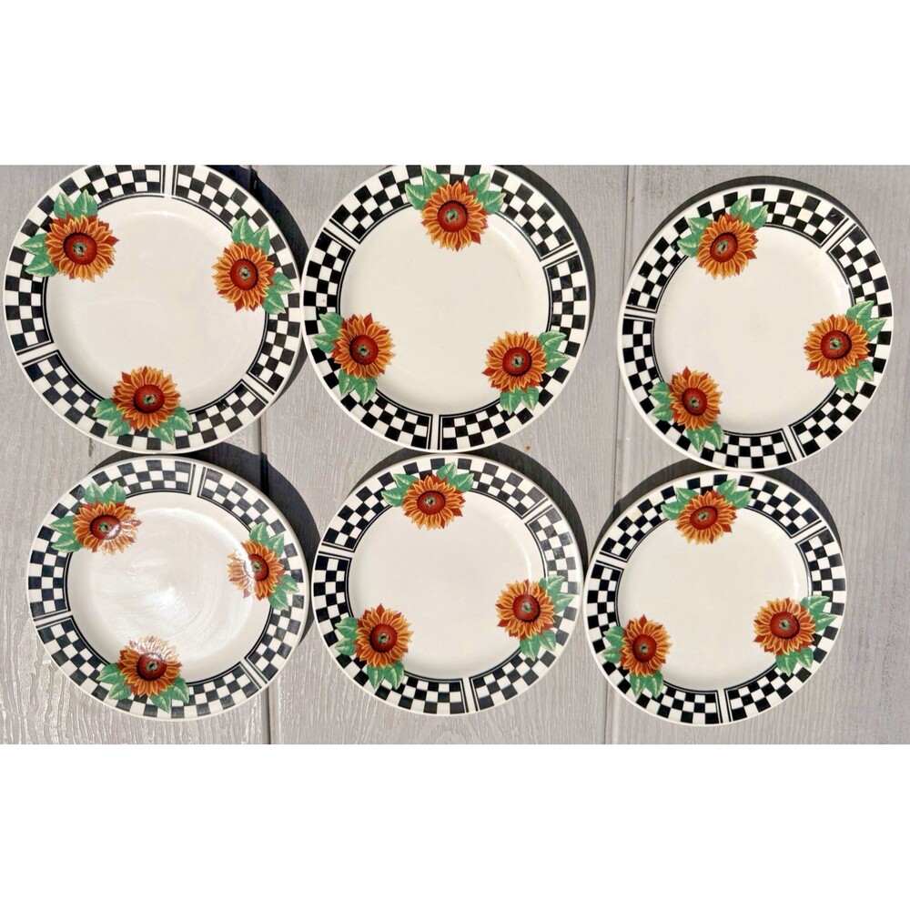 Tabletops Unlimited Sunny Pattern Plates Set of 6 - 7.5" Sunflower Checkered